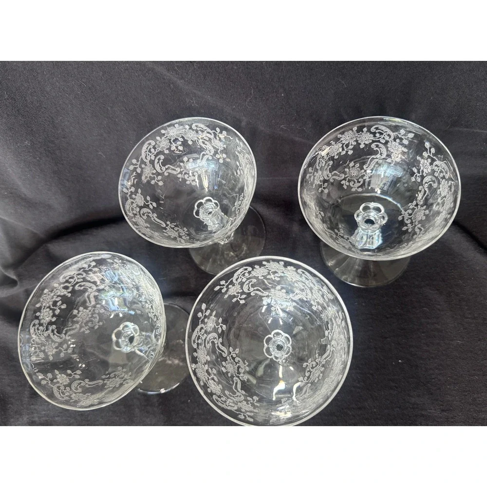 Vintage Etched Crystal Champagne Coupes Set of 4 Floral Scroll Cocktail Glasses